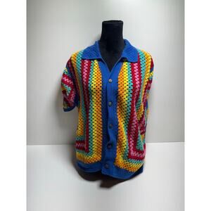 Handmade Multicolor Crochet Button Front Cardigan Short Sleeve Sz XL Artsy